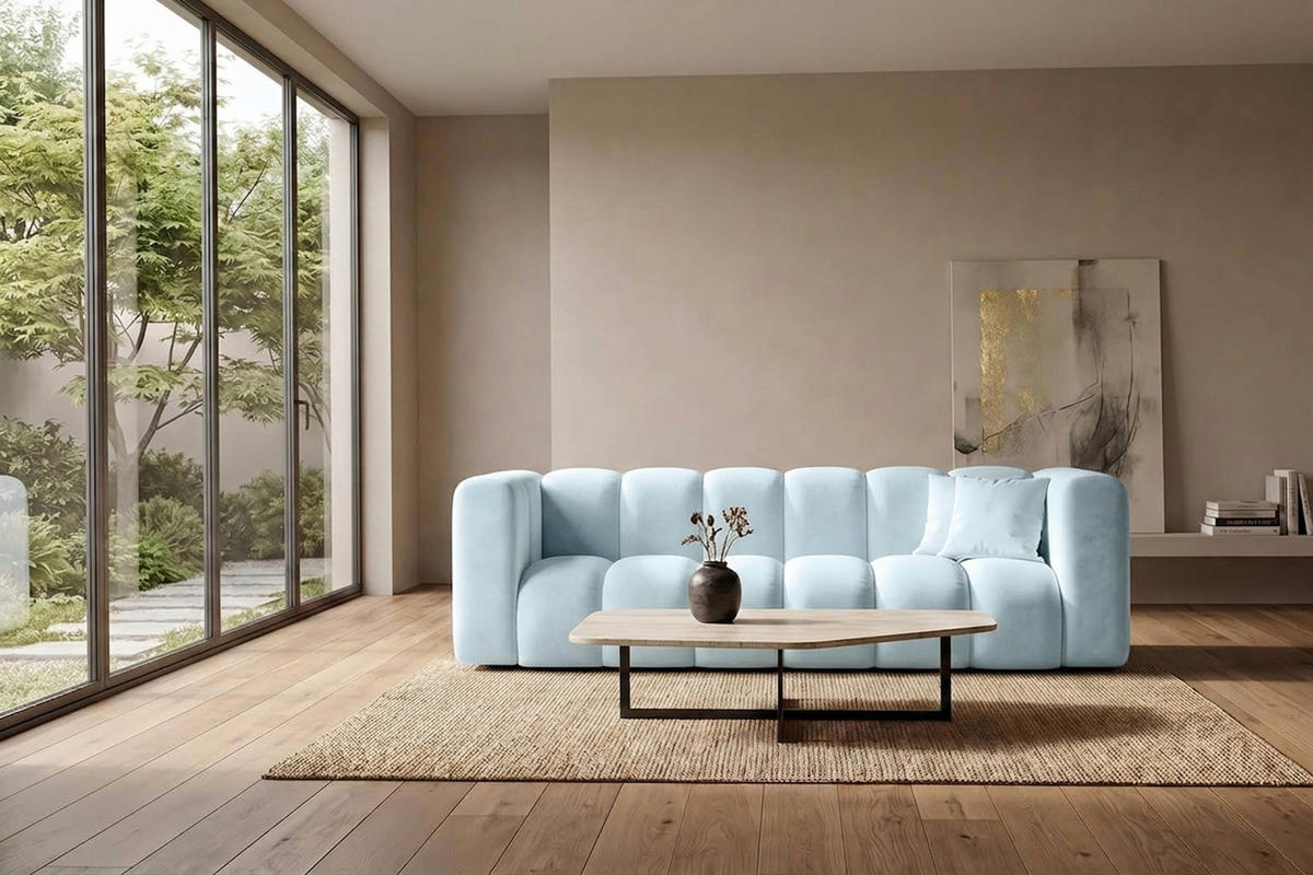 SOFA 3-Sitzer Modulares, Velvet-Stoff Riviera, Babyblau, GRAND - Hellblau, Holz (230/70/89cm) - Kaiser Möbel