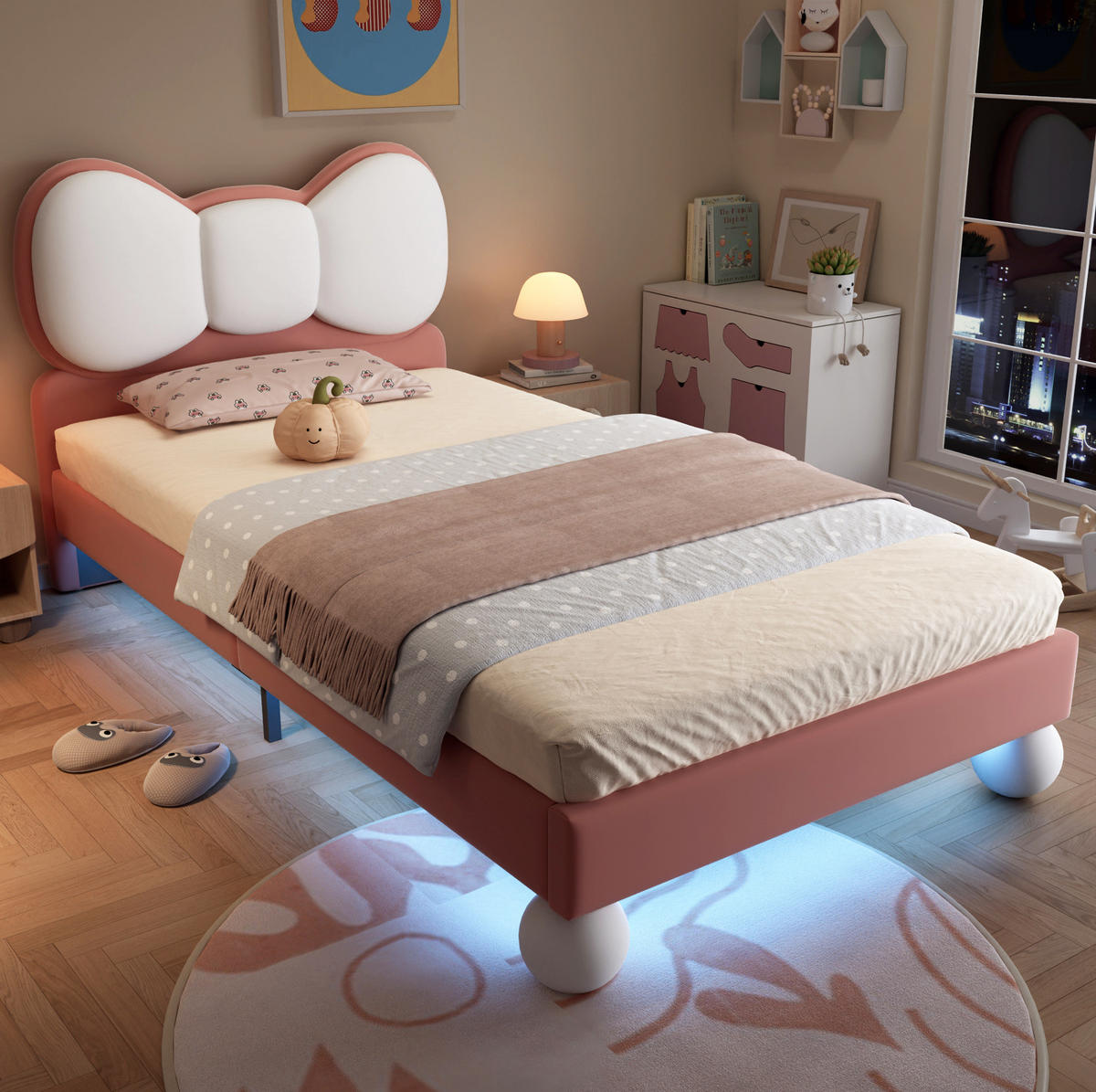 DETSKÁ posteľ 90/200 cm zamat ružová s LED osvetlením - ružová, textil (90/200cm) - BEAOK