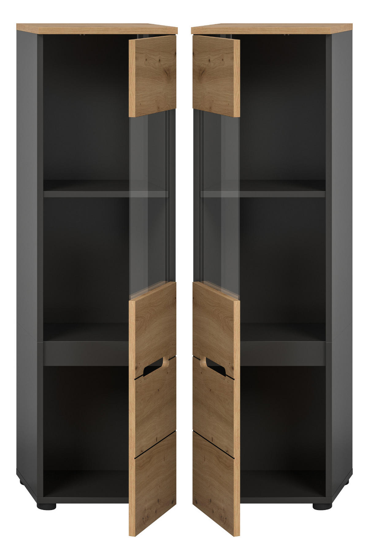 VITRINE Eiche Artisan, grau, Vitrinenschrank hängend / stehend 36 cm, Soft-Close - Schwarz/Eiche Artisan, Glas/Holzwerkstoff (36/125/33cm) - Inn.Furn