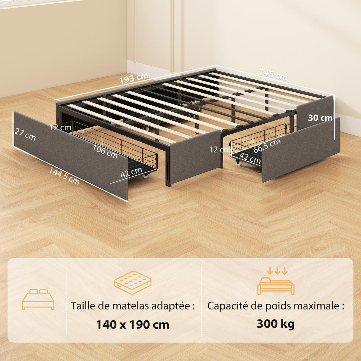 BETT 140x190 cm DE-14668 mit 3 Schubladen Grau - Grau, Metall (140/190cm) - ComfortXL