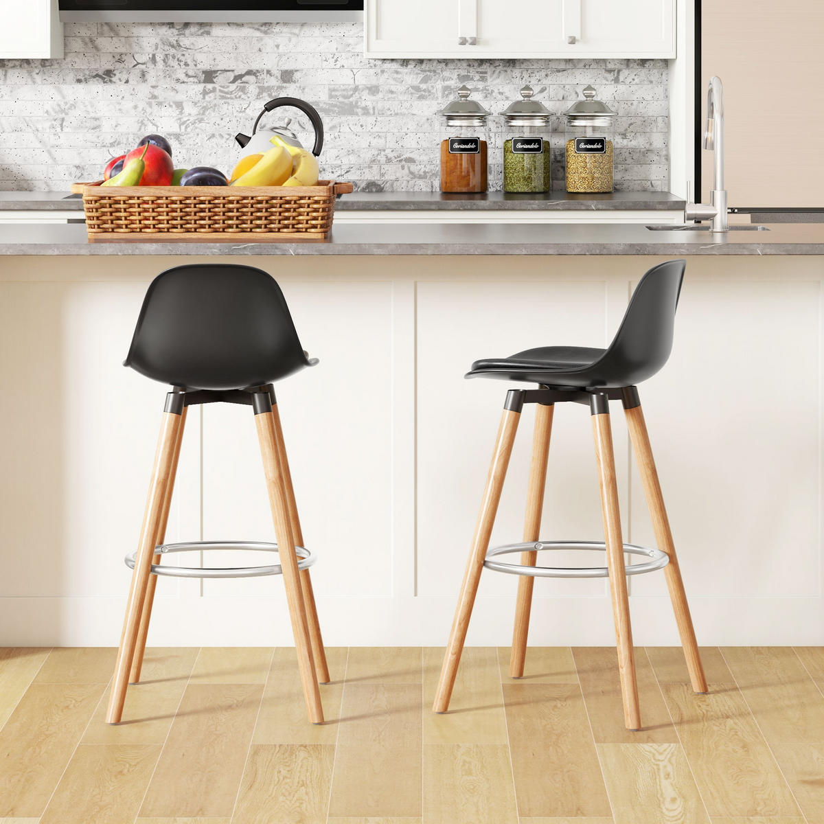 BARHOCKER-SET 2 TLG. Natur, Schwarz 43/43/91 cm - Buchefarben/Schwarz, Kunststoff/Buchenholz (43/91/43cm) - HOMCOM