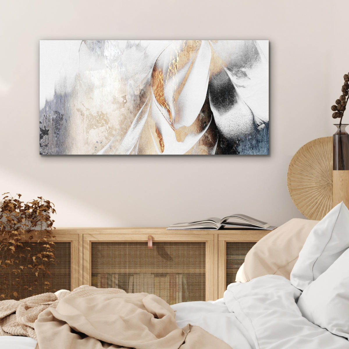 KOVOVÝ OBRAZ Luxusné - abstraktné - zlaté - biele 80x40 cm - zlatá, kov (80/40cm) - MuchoWow