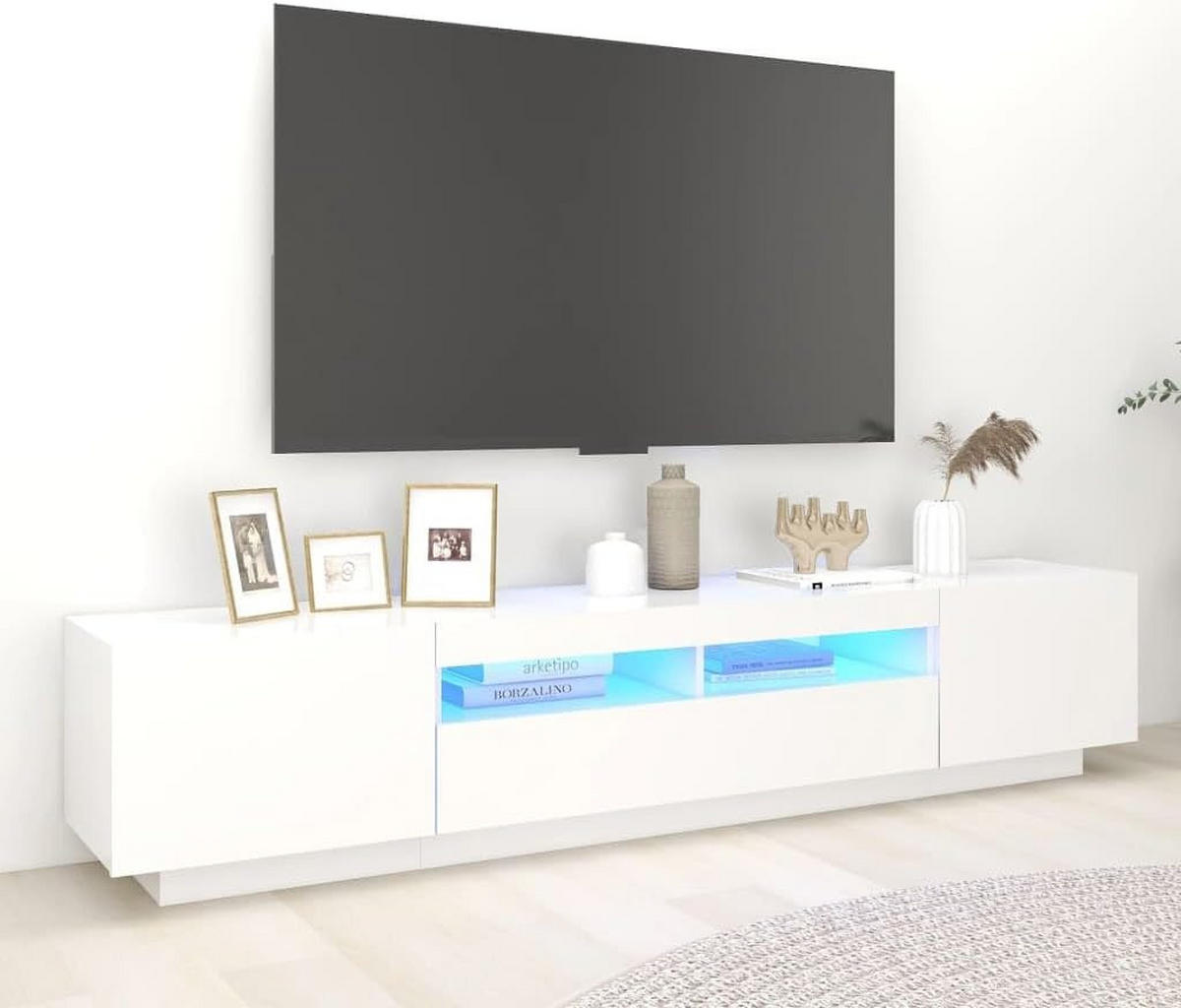 TV Lowboard LED 260x35x40 cm, 3 Ebenen, 2 Türen, Weiß - Weiß, Holz (240/35/39cm)