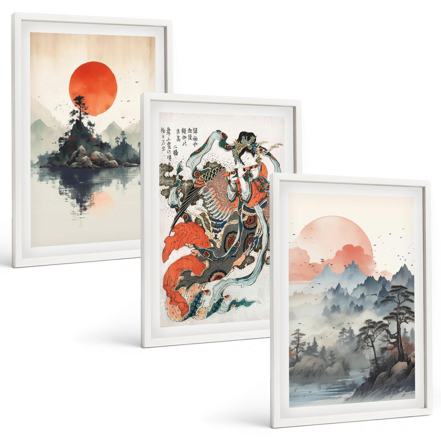 BILDER SET 3er Set - 40x60 cm Weißer Rahmen - Asiatische Japandi-Malereien - Weiß, Kunststoff (40/60cm) - TULUP