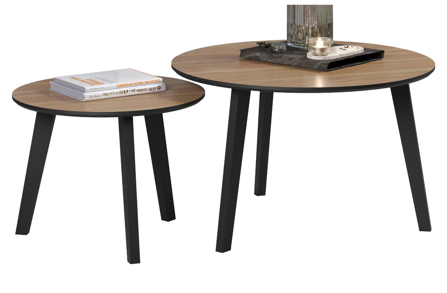 COUCHTISCH 2er Set Eiche, schwarz 2x Beistelltisch rund - Eichefarben/Schwarz, Holzwerkstoff (50/50/39cm) - Top.Furn