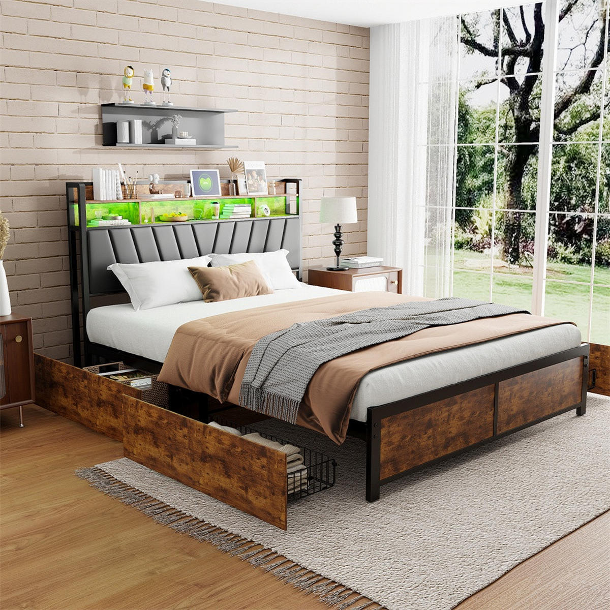 DOPPELBETT 160x200 cm - Metallbett mit 2-stufigem Regalkopfteil - 4 Schubladen und LED-Beleuchtung - ohne Matratze - Schwarz - Schwarz, Metall (160/200cm) - DELFA