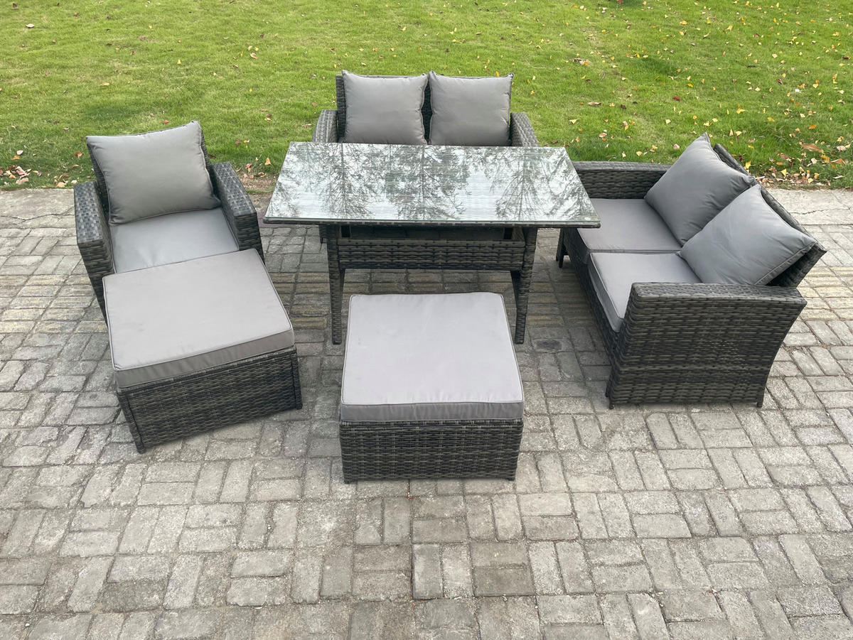 BALKONMÖBEL-SETS mit 2-Sitzer Sofa,2 große Fußhocker,Esstisch Polyrattan Dunkelgrau 7-Sitzer - Dunkelgrau/Grau, Glas/Kunststoff - Fimous