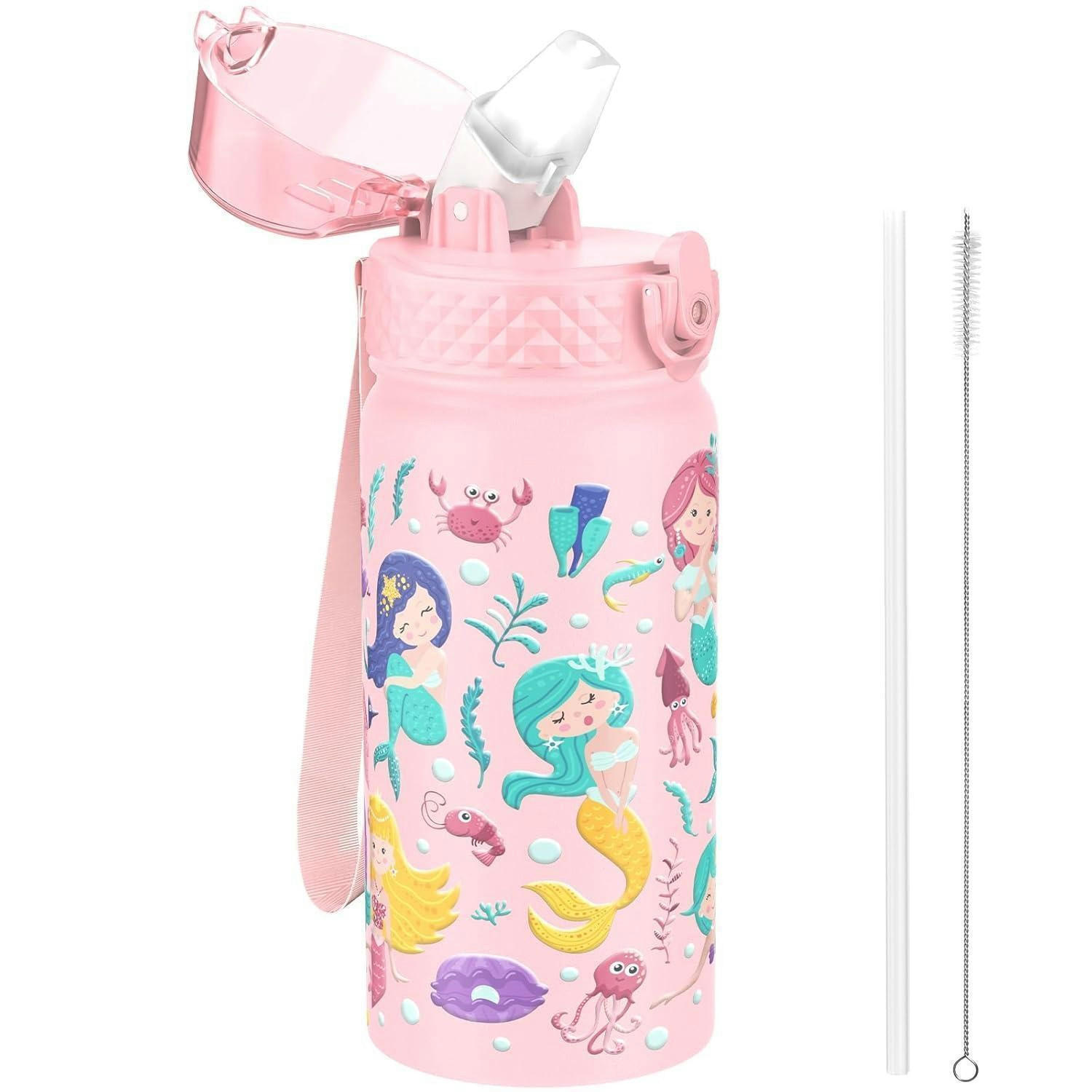 TRINKFLASCHE Kinder 420 ml Edelstahl mit Strohhalm und auslaufsicherem Deckel Rosa Meerjungfrau - Rosa, Metall (7.5/7.5cm)