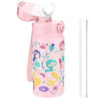 TRINKFLASCHE Kinder 420 ml Edelstahl mit Strohhalm und auslaufsicherem Deckel Rosa Meerjungfrau - Rosa, Metall (7.5/7.5cm)