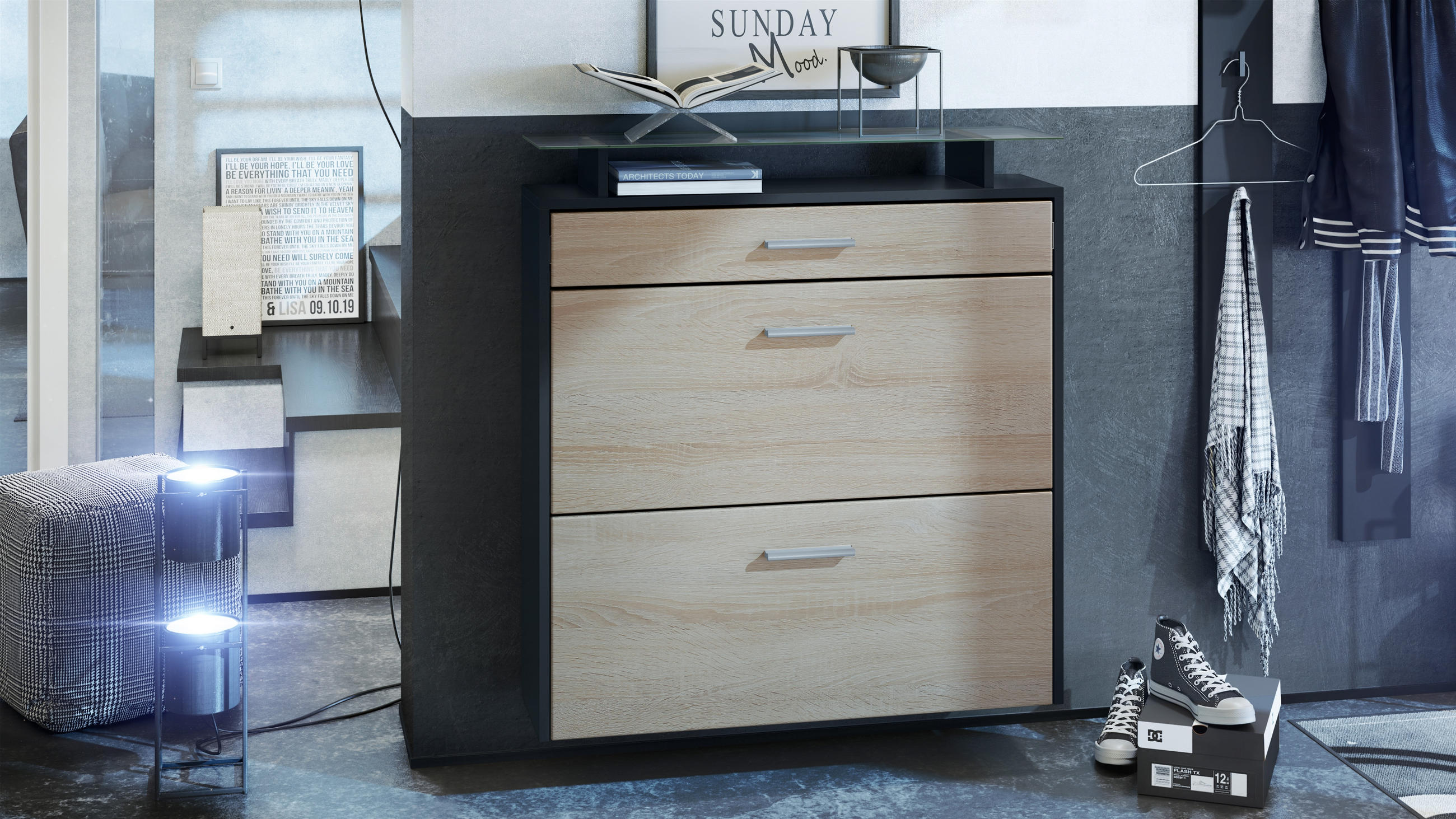 SCHUHSCHRANK Malea Front in Eiche sägerau - Eiche San Remo, Holzwerkstoff (89/96/23cm) - Vladon