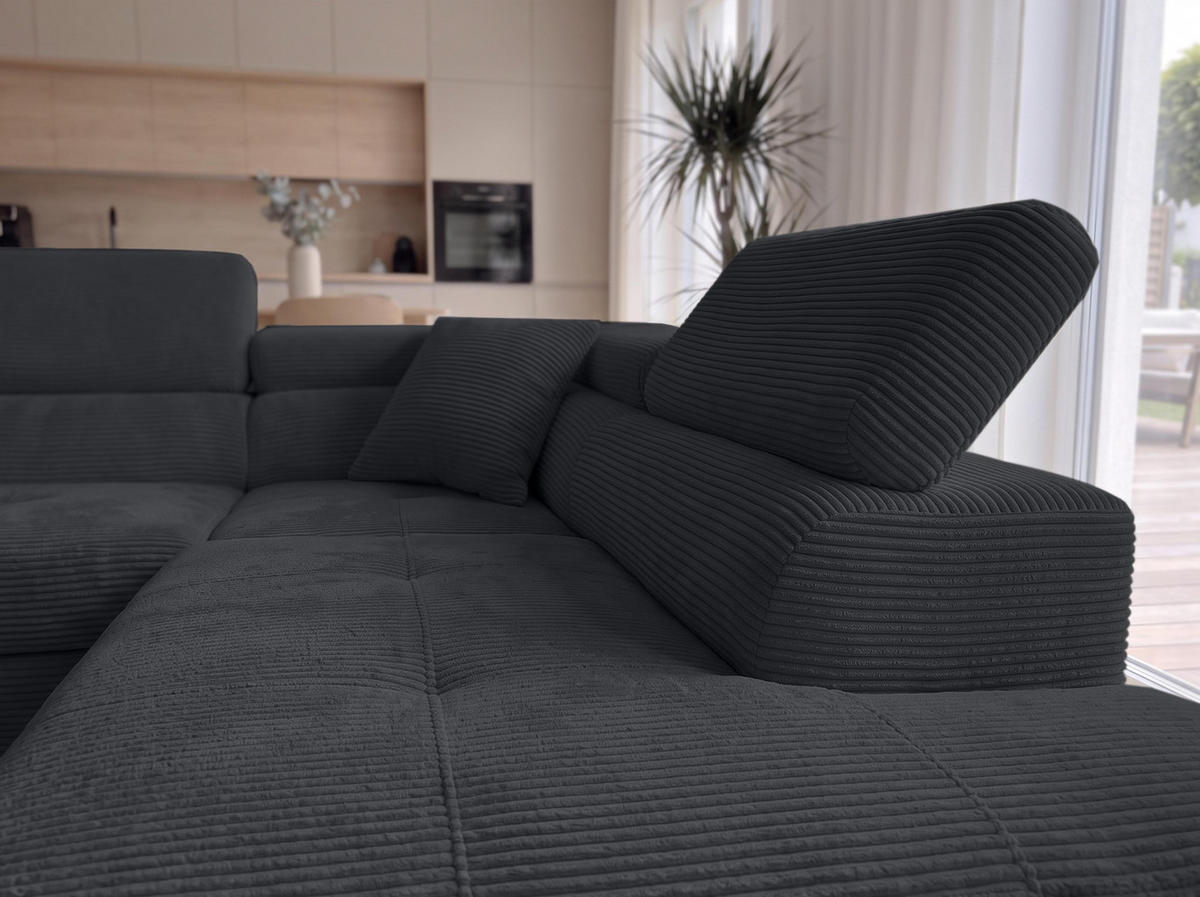 ECKSOFA L Form Konak Schwarz 276/201/90 cm Rechts mit Schlaffunktion - Silberfarben/Schwarz, Textil/Metall (276/203cm) - AX Living