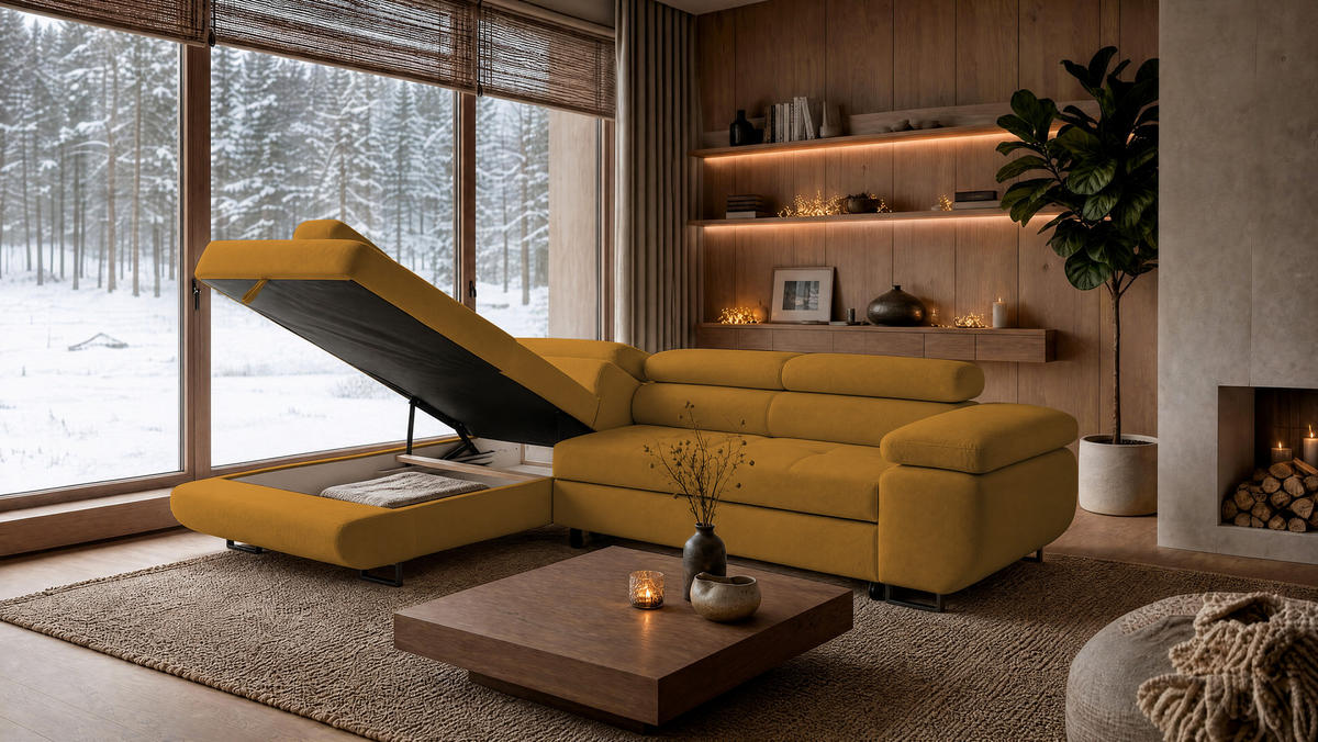 ECKSOFA Velmo mit Bettkasten und Schlaffunktion, verstellbaren Kopfstützen, in L-Form - Goldfarben, Textil (275/203cm)