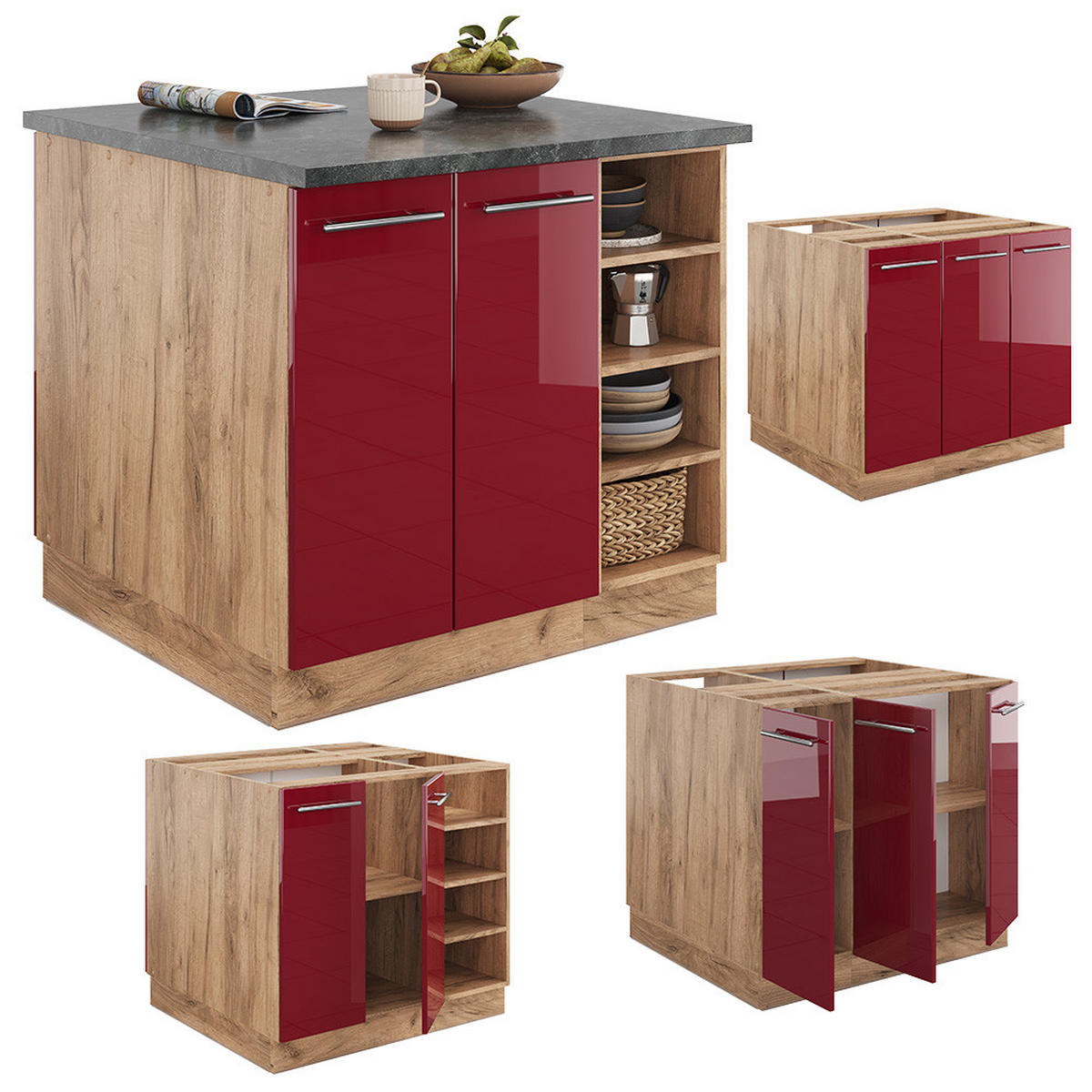 KÜCHENINSEL Fame-Line Bordeaux Hochglanz/Goldkraft Eiche 90 cm ohne AP - Honigeiche/Bordeaux, Holzwerkstoff (90/82/82cm) - Vicco