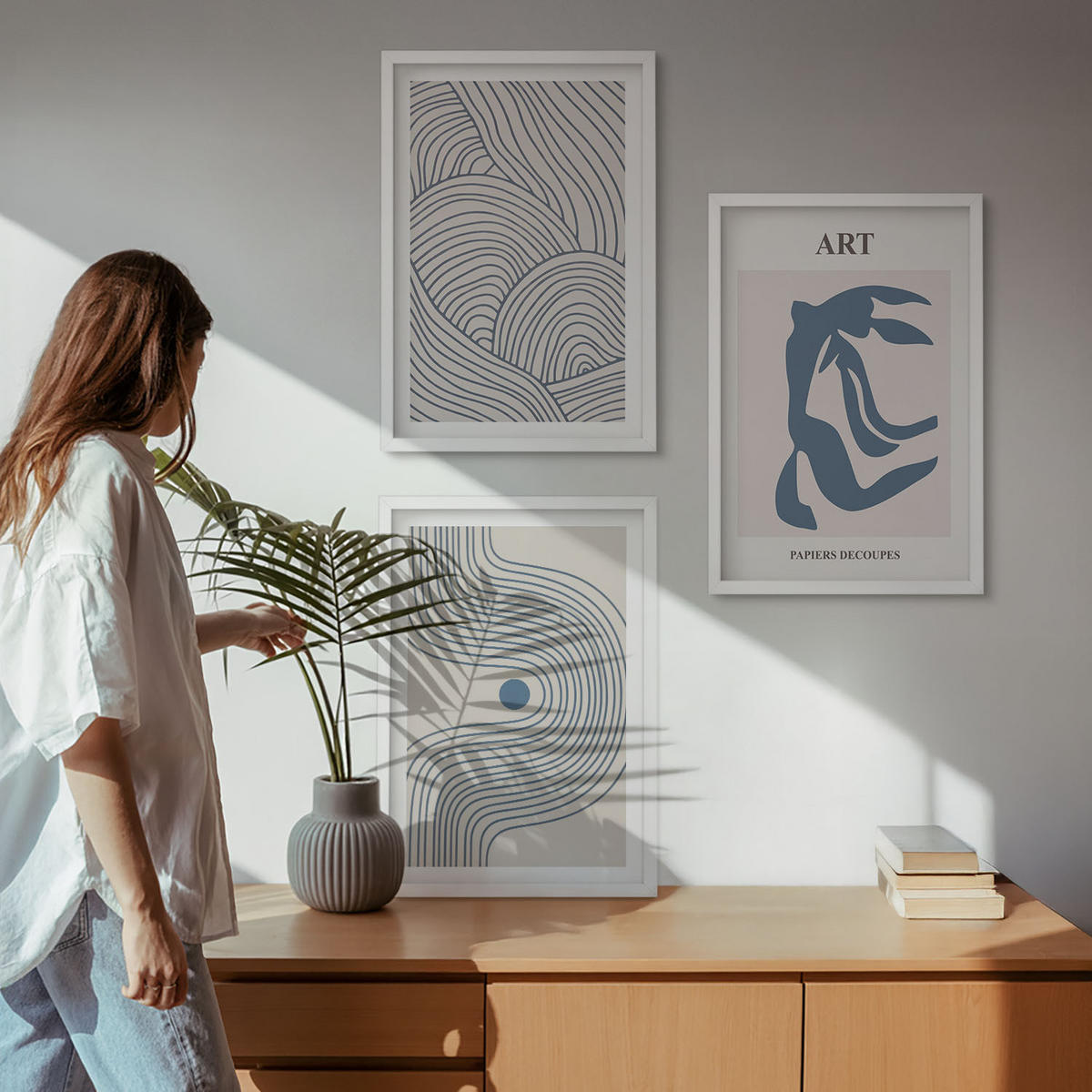 WANDBILDER 3er-Set - 40x60 cm Weißer Rahmen - Abstrakte blaue Linien - Weiß, Kunststoff (40/60cm) - ArtPrintCave