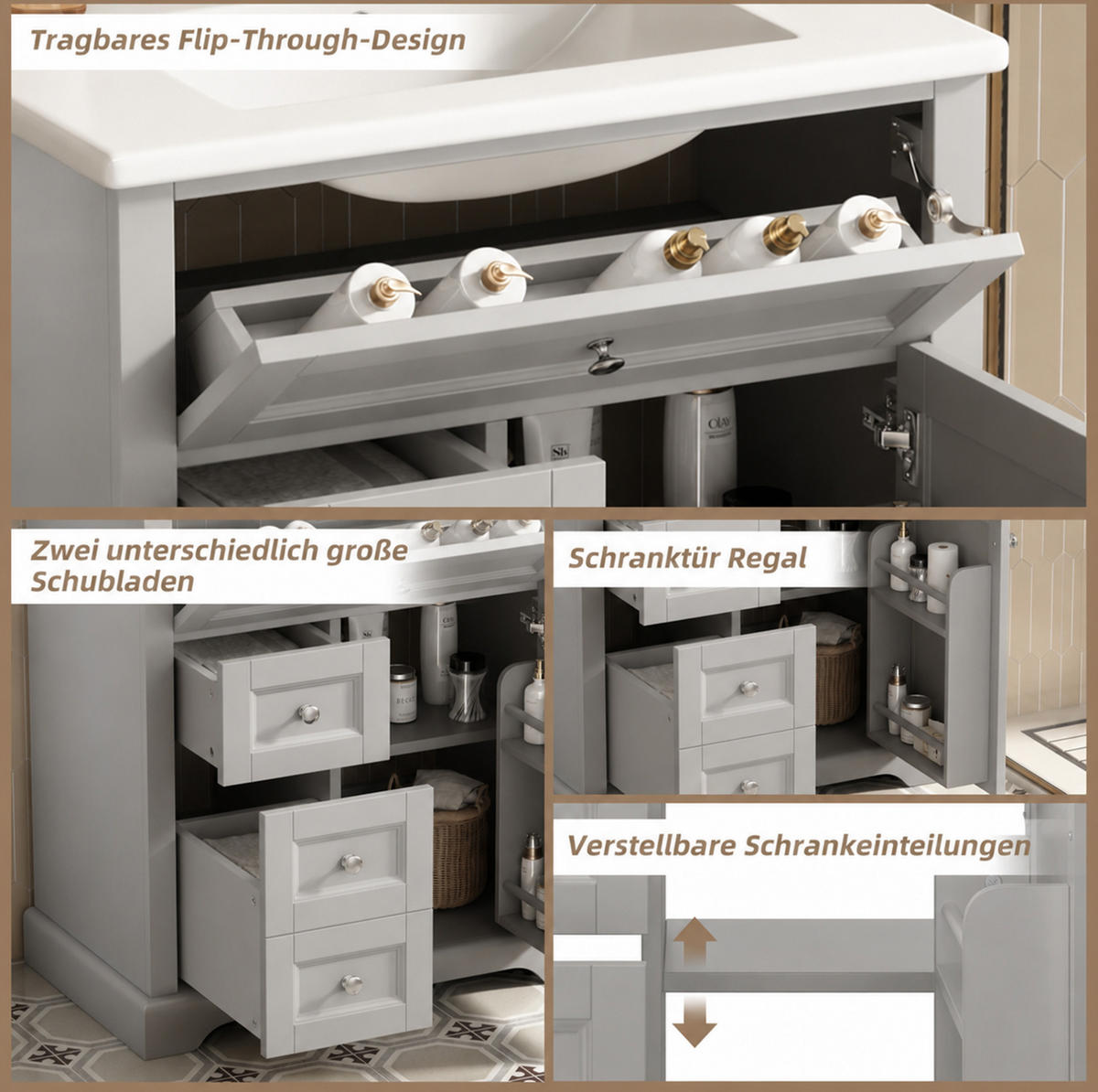 BADEZIMMERSCHRANK mit Waschbecken aus MDF und Keramik 76x46x87 cm Grau freistehend mit Stauraum - Grau, Keramik (76/87/46cm) - Modfu