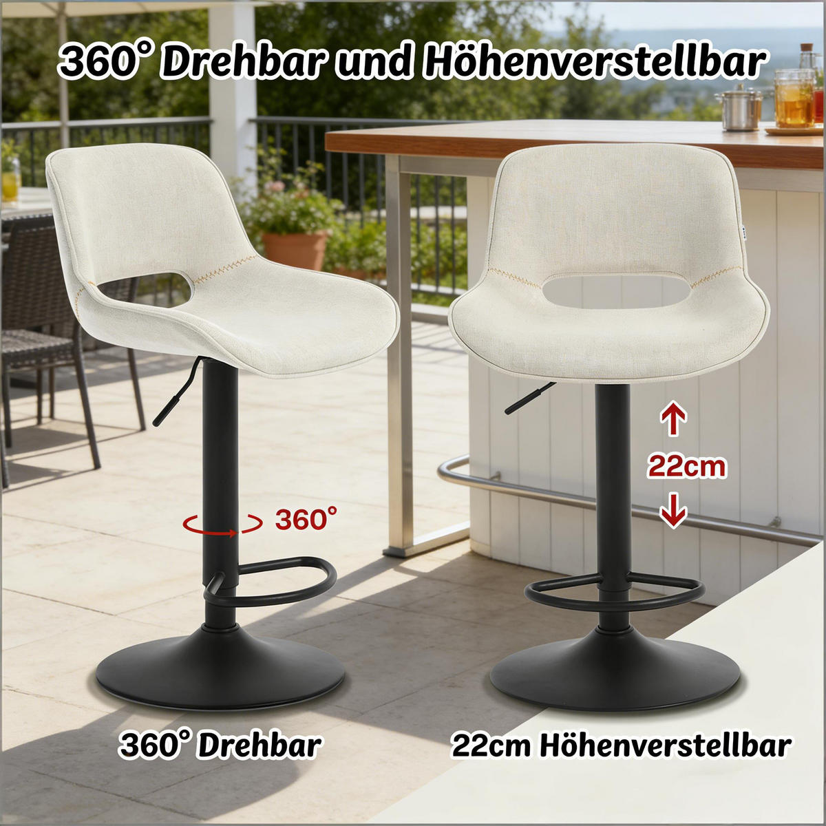 BARHOCKER 2er-Set Beige Drehbar Höhenverstellbar mit Leinen & Rückenlehne - Beige, Metall (49/106/49cm) - PANGIVO