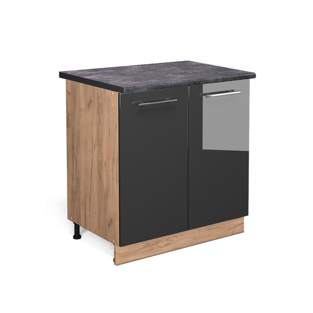 Vicco KÜCHENUNTERSCHRANK Schwarz Hochglanz, Honigeiche 80cm × 60cm × 82cm