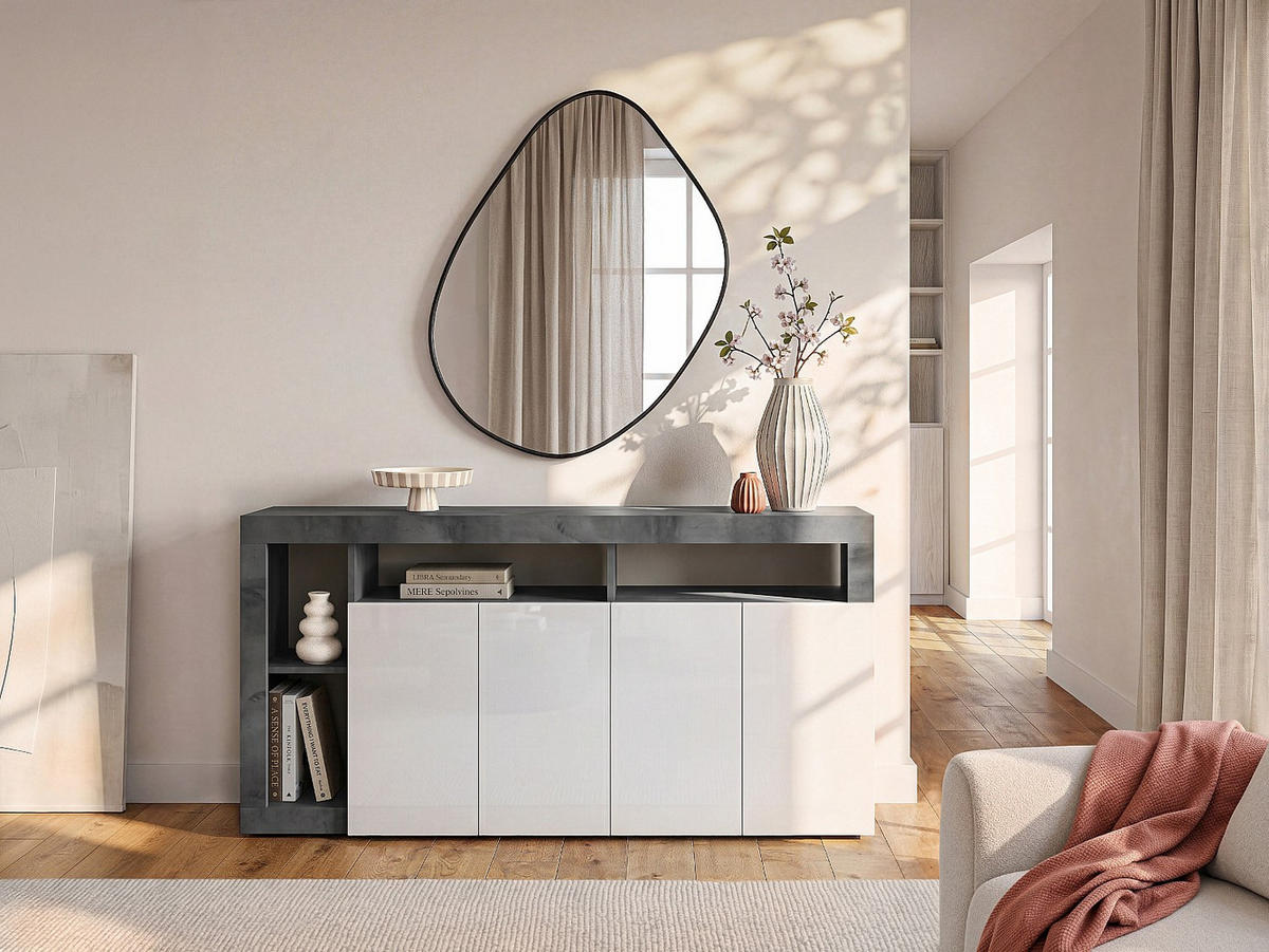 SIDEBOARD 4 Türen Frankfurt - L184 cm - Weiß/Grau, Holz (184/93/42cm) - Vente-Unique