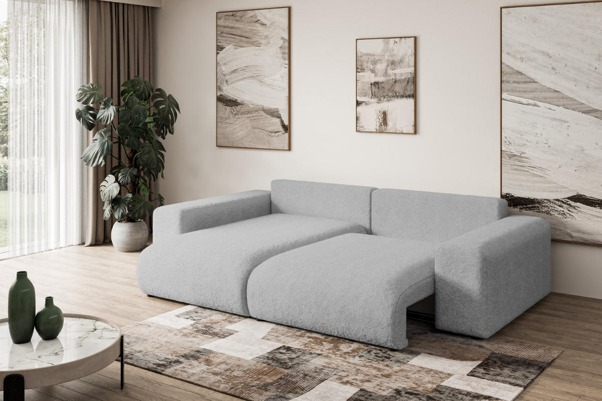 ECKSOFA mit Schlaffunktion und Bettkasten ESKAR-L 256x165x84cm Grau Bouclé - Hellgrau/Schwarz, Holzwerkstoff/Kunststoff (165/256cm) - ALTDECOR