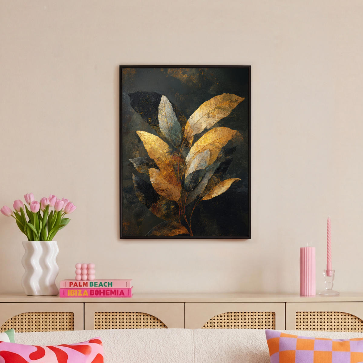 LEINWAND Bilder mit Rahmen - Golden Leaf Komposition - Botanical Luxury - 60x80 - Goldfarben, Textil (60/80cm) - MuchoWow