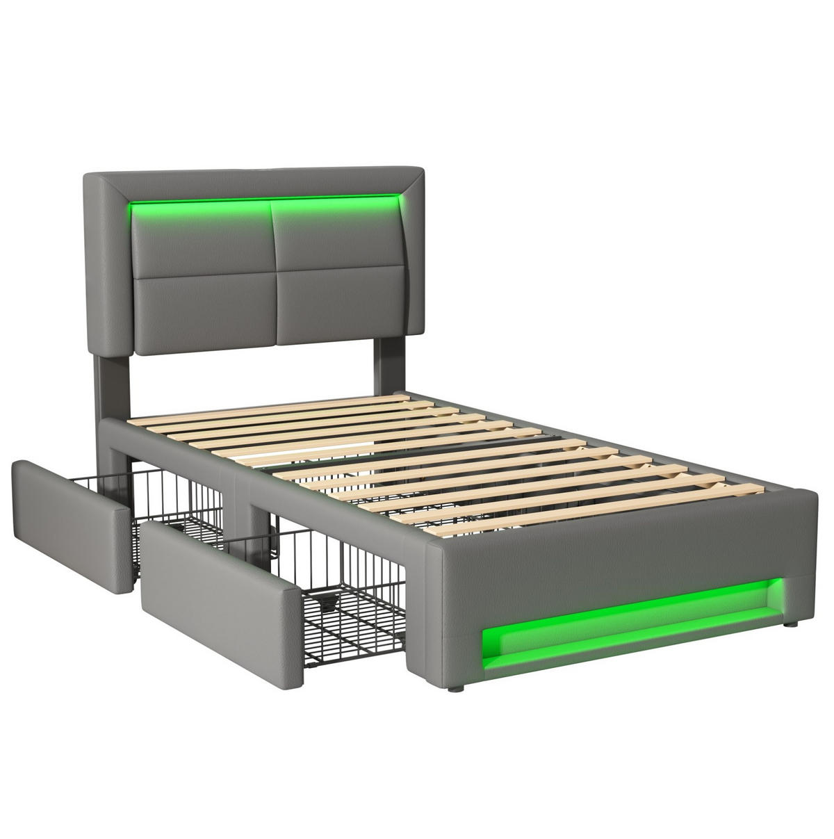 POLSTERBETT 90/200 cm Grau mit LED-Beleuchtung, USB-Ladefunktion und 4 Schubladen - Grau, Kunststoff (90/200cm) - Flora Grace