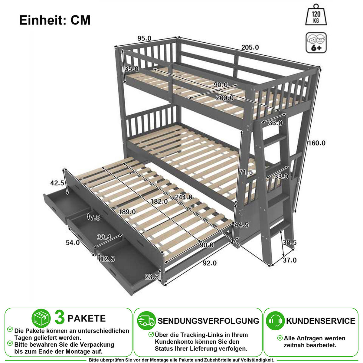 ETAGENBETT 90/200 cm & 90/182 cm in Grau mit 3 Schubladen und Ausziehbett - Grau, Holz/Holzwerkstoff (90/200cm) - CHICFURN