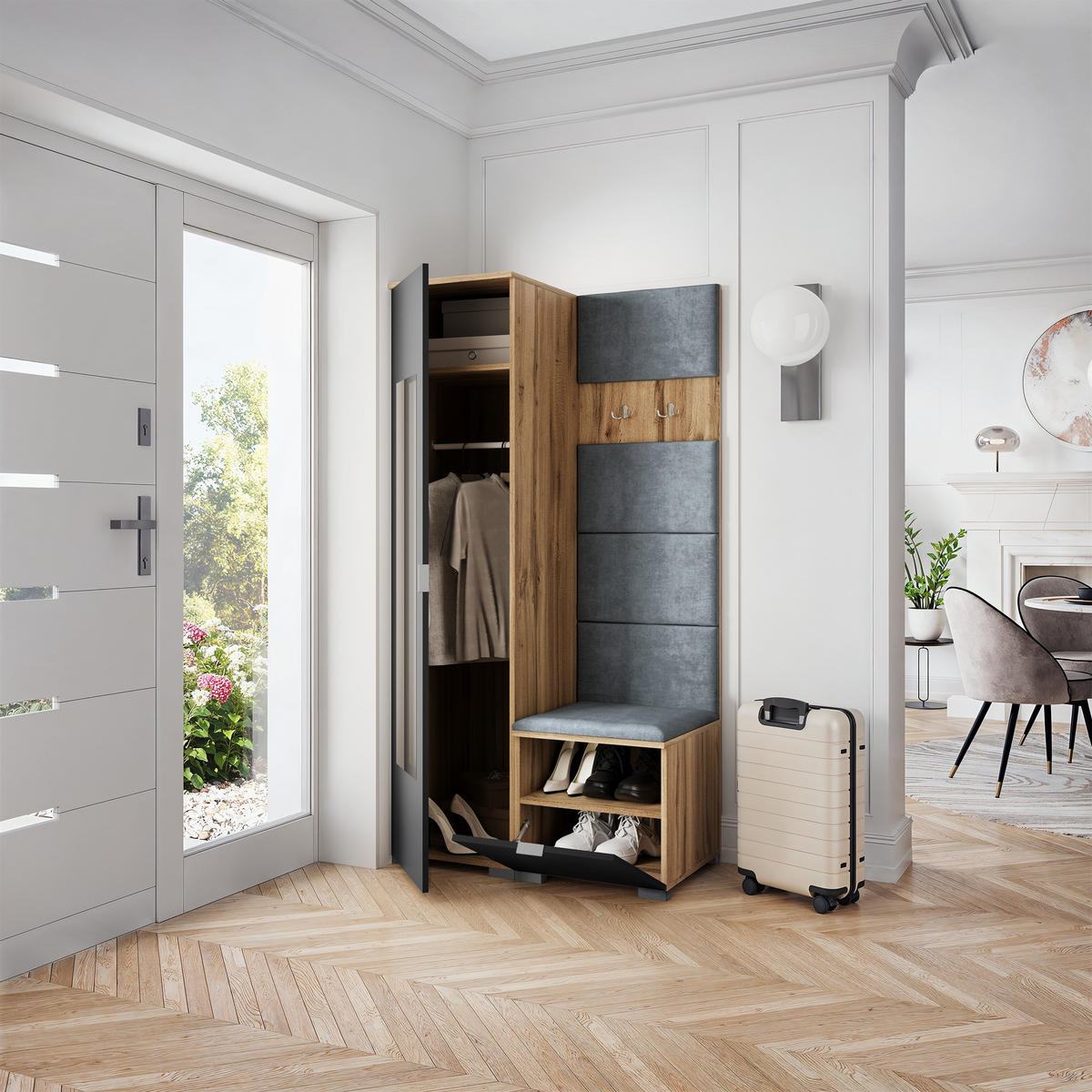 GARDEROBENSCHRANK VIRA 95/181/51 cm Modern Garderobe-Set Eiche Wotan - Eiche Wotan/Schwarz, Holzwerkstoff (95/181/51cm) - MASSENO