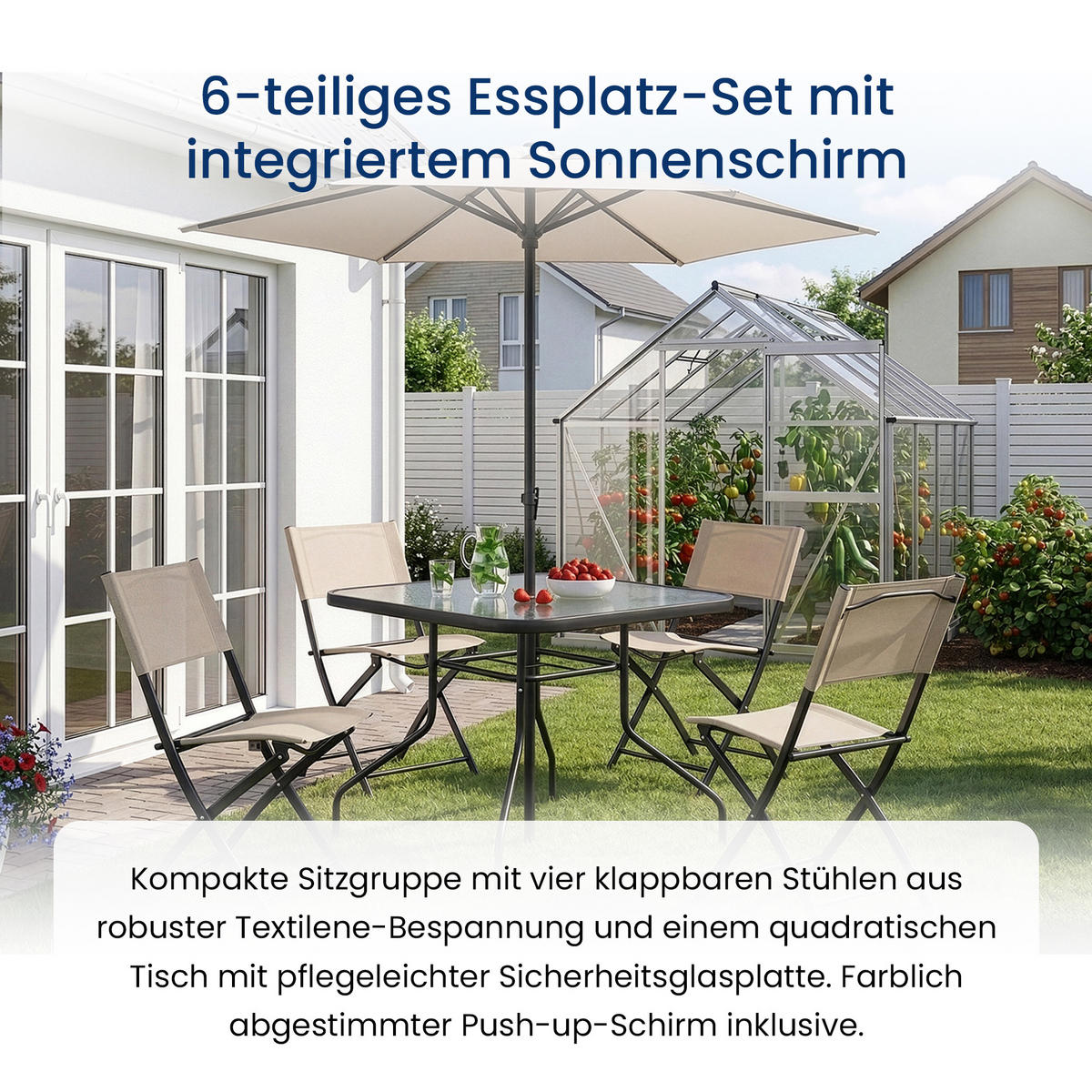 GARTENMÖBEL-SET mit 1 Esstisch. 4 Klappstühlen und 1 Aufstellschirm. Schwarz und Beige - Beige/Schwarz, Metall - Home Collective