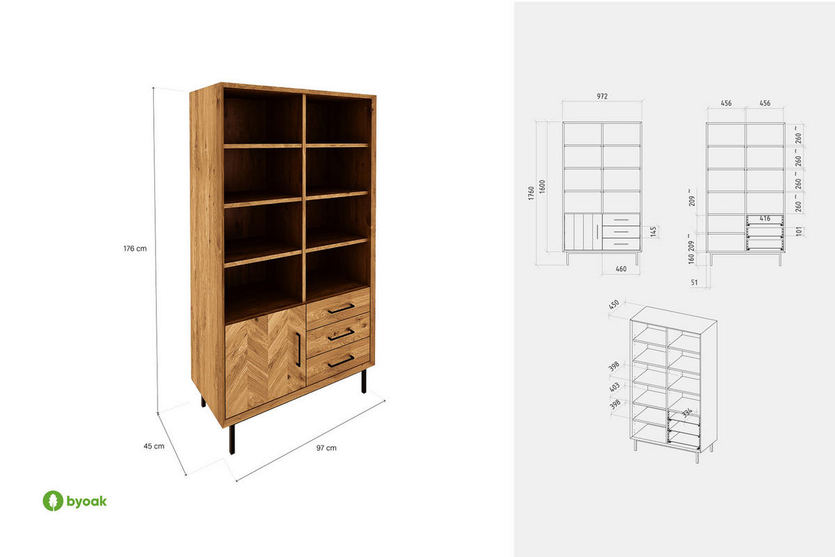 BÜCHERREGAL LEON 97x45 Wildeiche - Wildeiche, Holz (97/176/45cm) - byoak