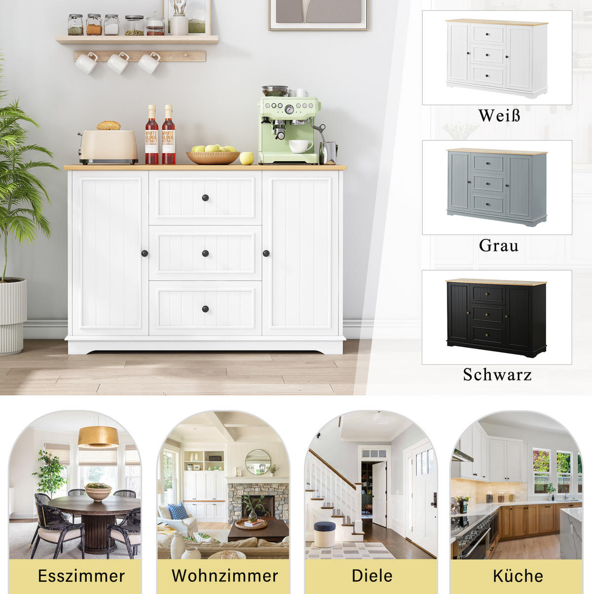 SIDEBOARD mit 3 Schubladen 126 x 40 x 86 cm MDF White 2-türig - Weiß, Holzwerkstoff (126/86/40cm) - Meubliv