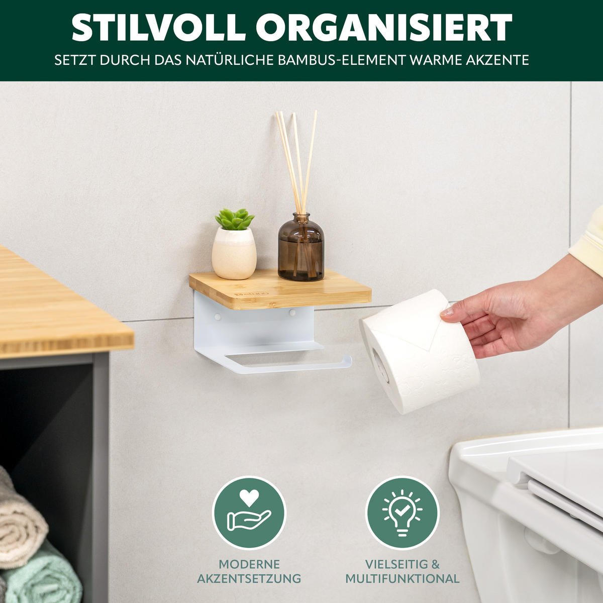 TOILETTENPAPIERHALTER VARAZ mit Ablage, Metall und Bambus - Weiß, Metall (18/9.5/13cm) - eluno