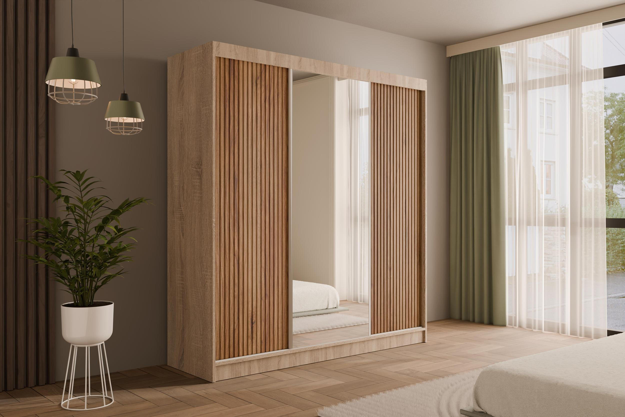 KLEIDERSCHRANK mit Spiegel V2-PRESTIG 215x200 cm - Sonoma Eiche|Braun - Braun/Sonoma Eiche, Holzwerkstoff (200/215/61cm) - ALTDECOR