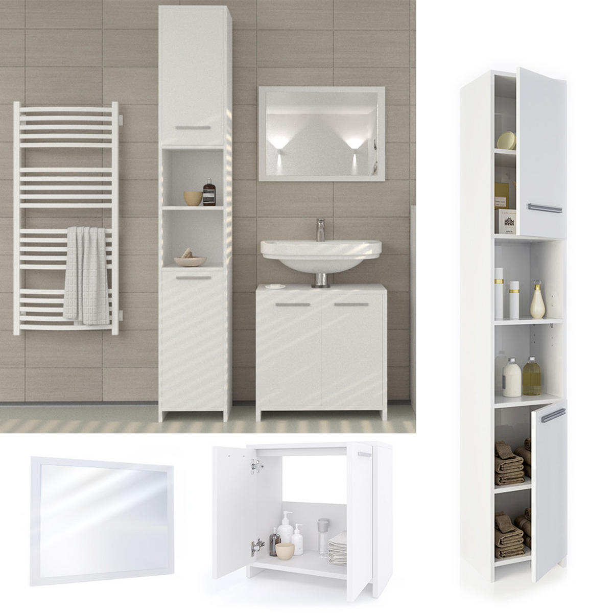 BADMÖBEL-SET Kiko Weiß 3 Teile, mit Hochschrank - Weiß, Holzwerkstoff (58/60/33cm) - Vicco