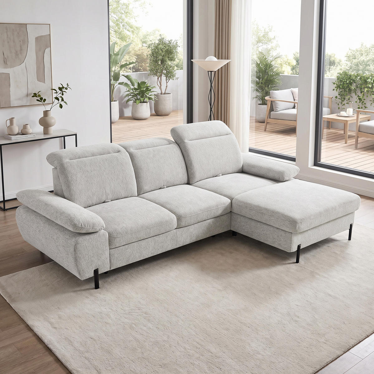 ECKSCHLAFSOFA Sora Mini mit verstellbaren Kopfstützen und Schlaffunktion, Chenille-Stoff, Beige, Rechts - Beige/Schwarz, Textil (190/285cm) - Beautysofa