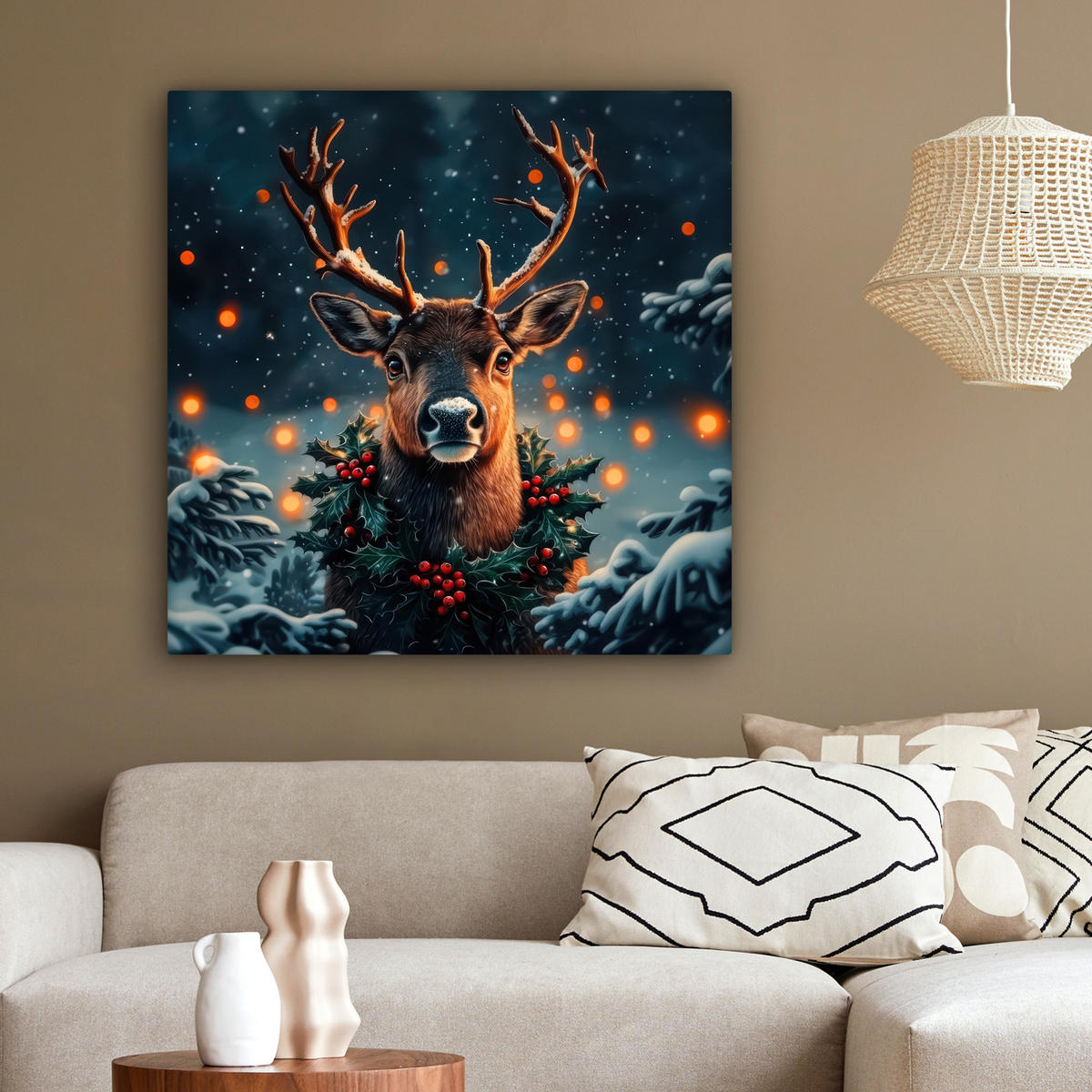 LEINWANDBILD Hirsch - Weihnachten - Winter - Schnee - Weihnachtskranz 90x90 cm - Dunkelbraun, Textil (90/90cm) - MuchoWow