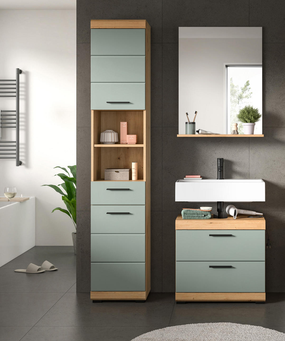 WASCHBECKENUNTERSCHRANK Salbei grün, Eiche Artisan 60 cm mit Schubkästen - Salbeigrün/Schwarz, Holzwerkstoff/Kunststoff (60/56/37cm) - Inn.Furn