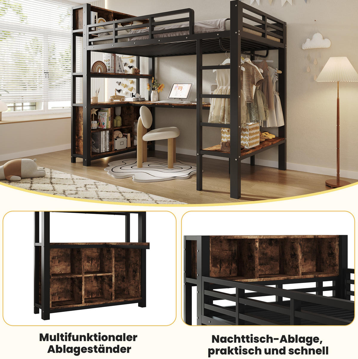 HOCHBETT Metall & MDF 90x200 cm Schwarz mit Schreibtisch, Kleiderstange und Regalen - Schwarz, Holzwerkstoff (90/200cm) - Modfu