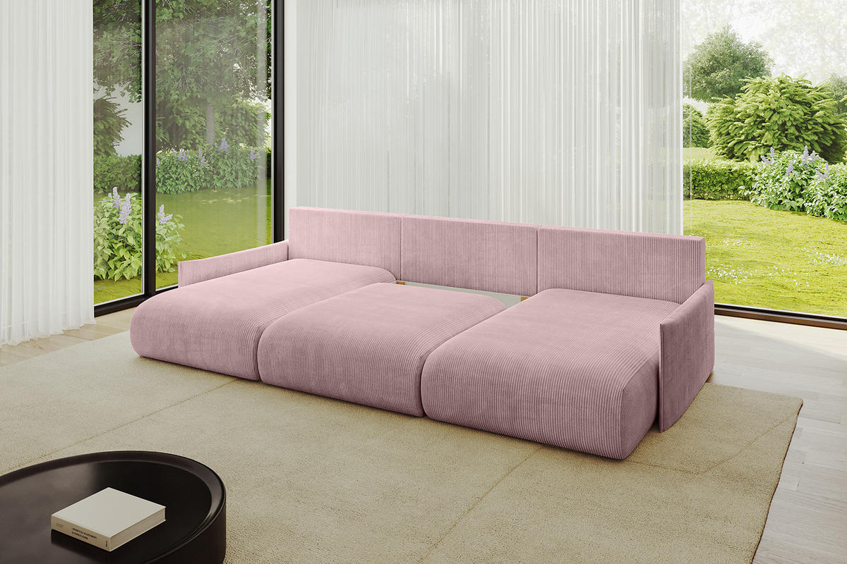 WOHNLANDSCHAFT mit Schlaffunktion und Bettkasten ONESK-U-v1 304x165x40 Rosa Cord - Rosa, Holzwerkstoff/Kunststoff (304/90/165cm) - ALTDECOR