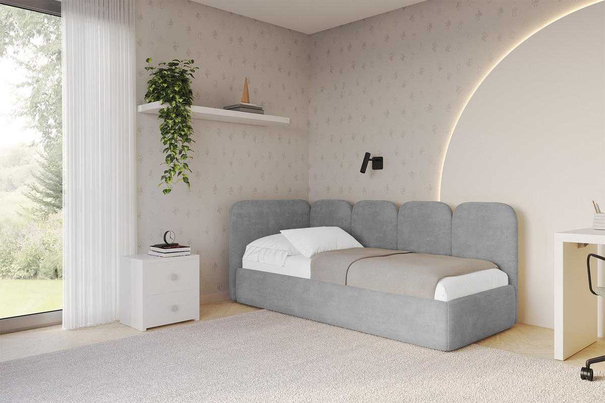 EINZELLBETT Jugendbett mit Bettkasten und Matratze H3/H4, Rechts - VELY 80x200 Grau - Silberfarben, Holzwerkstoff/Textil (80/200cm) - ALTDECOR