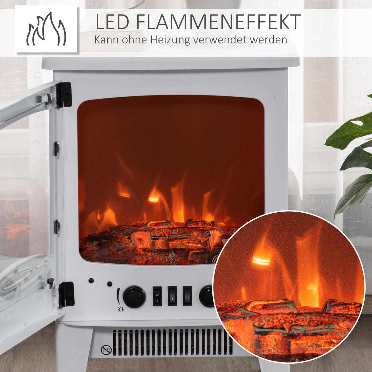 LED Elektrokamin Standkamin mit Flammeneffekt 900/1800W Weiß - Weiß, Metall (26/54.8/39cm) - HOMCOM