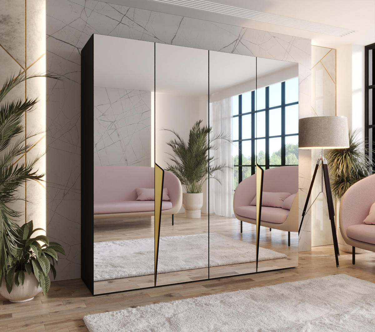 DREHTÜRENSCHRANK 202/200/52 4-türig - Goldfarben/Schwarz, Holz/Metall (200/202/52cm) - Abiks Möbel