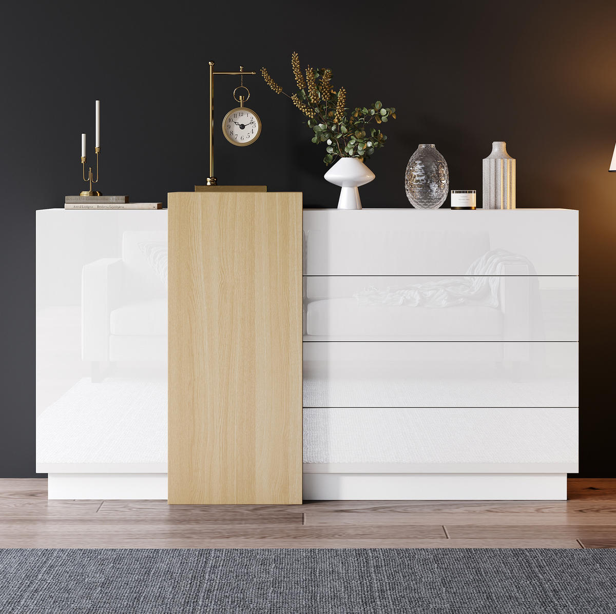 SIDEBOARD aus MDF 140x35x76,5 cm Weiß mit Hochglanzfront, Push-to-Open und 4 Schubladen - Weiß, Holzwerkstoff (140/76.5/35cm) - Modfu