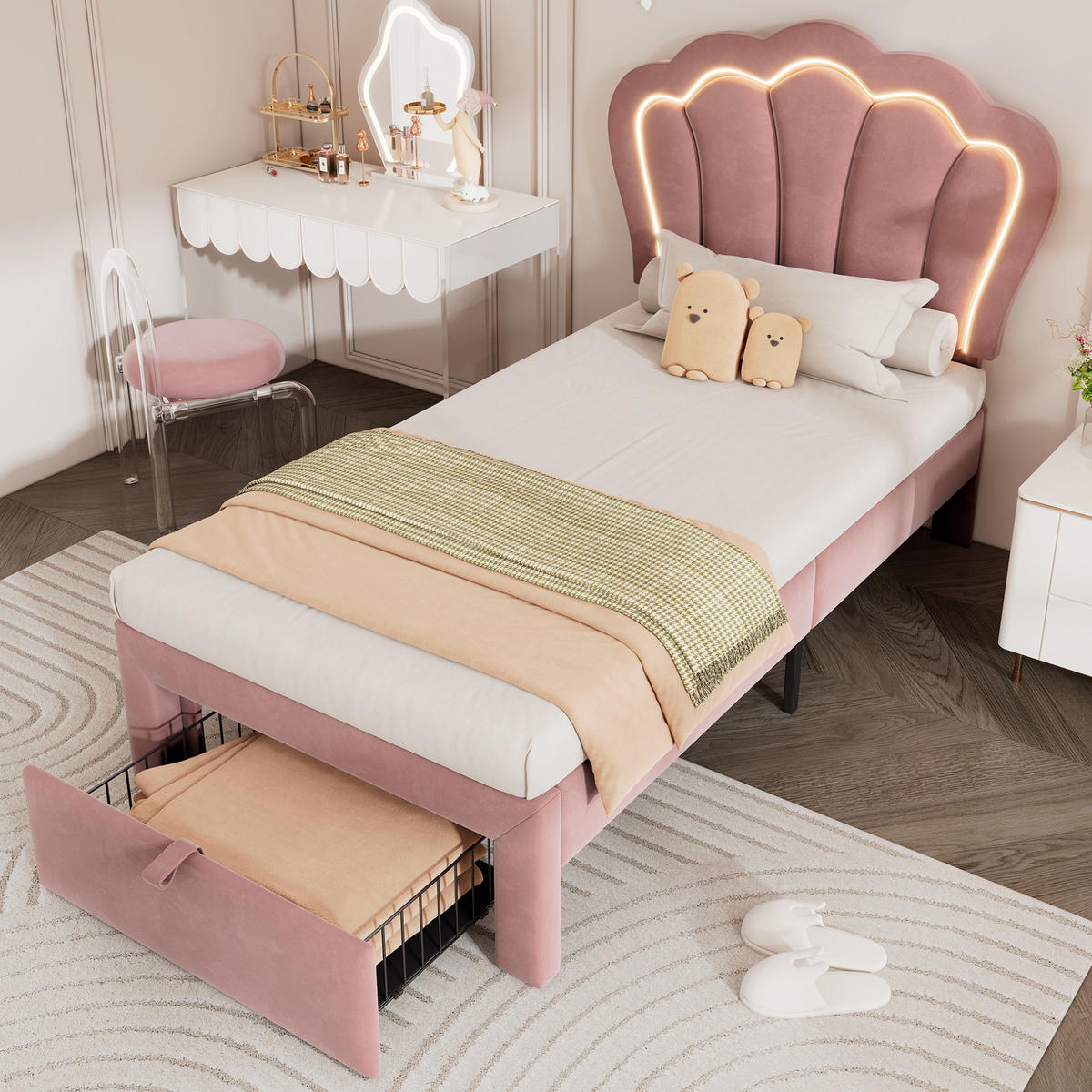 JUGENDBETT 90/190 cm aus Samt mit LED-Beleuchtung, Schublade und höhenverstellbarem Kopfteil Rosa - Rosa, Textil (90/190cm) - Modenvie