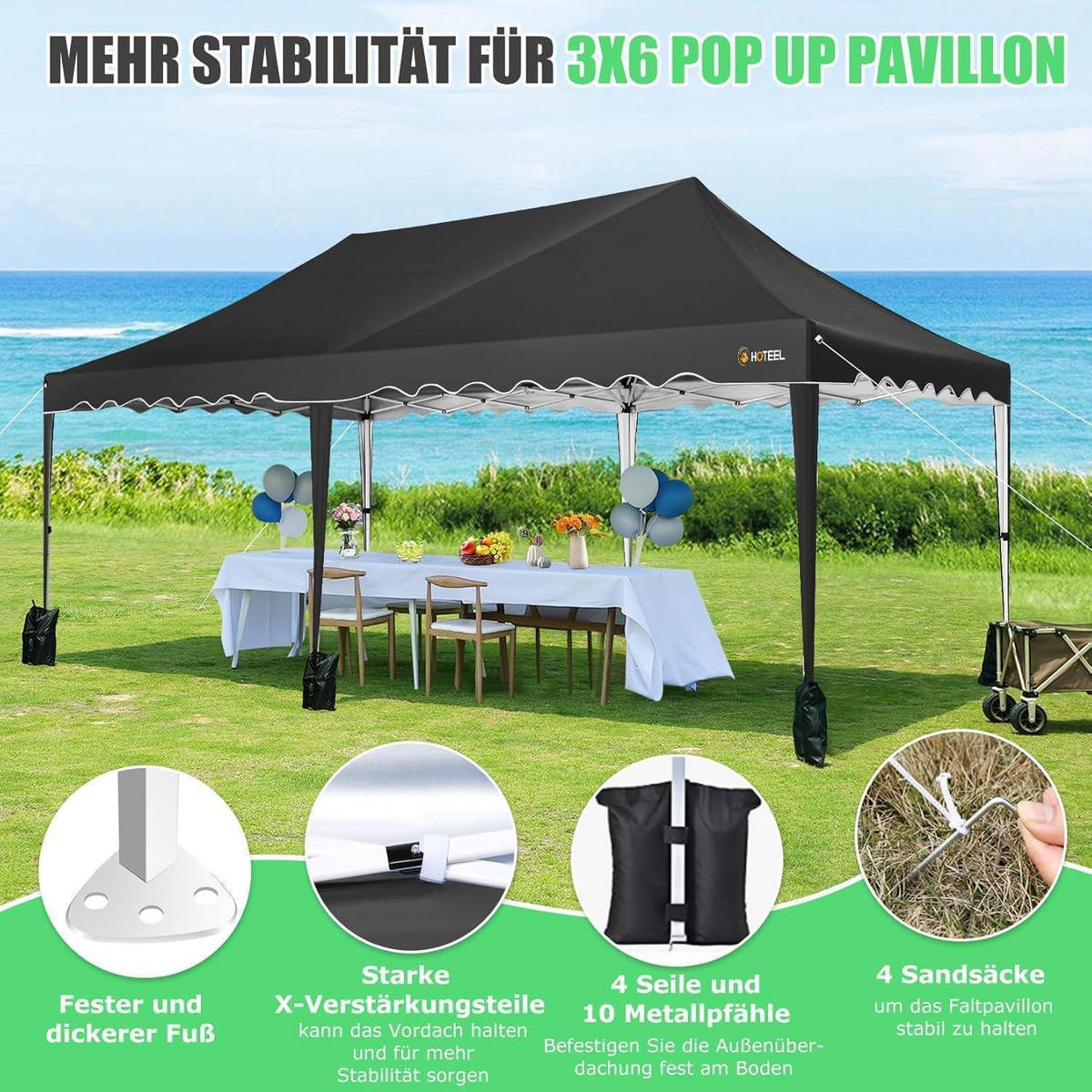 FALTPAVILLON 3x6m Wasserdicht UV50+ Schwarz mit Seitenwänden - Schwarz, Textil (300/203/600cm)