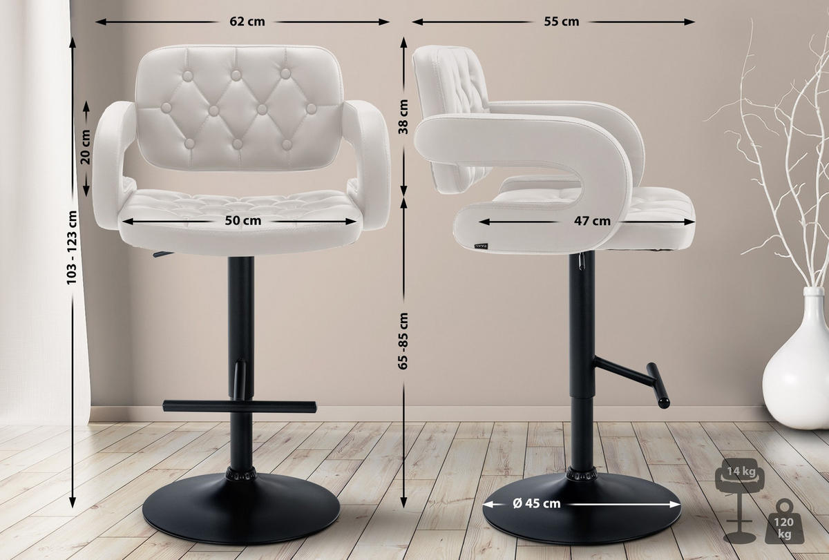 BARHOCKER Dublin 103-123 x 62 x 55 cm - Weiß, Leder (62/103/55cm) - furnicato