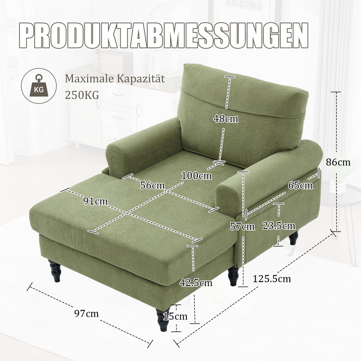 RELAXSESSEL Liege,hochdichte Polsterung,Seitentaschen,Chenille,Grün - Grün, Textil (97/86/125.5cm) - LVHOM