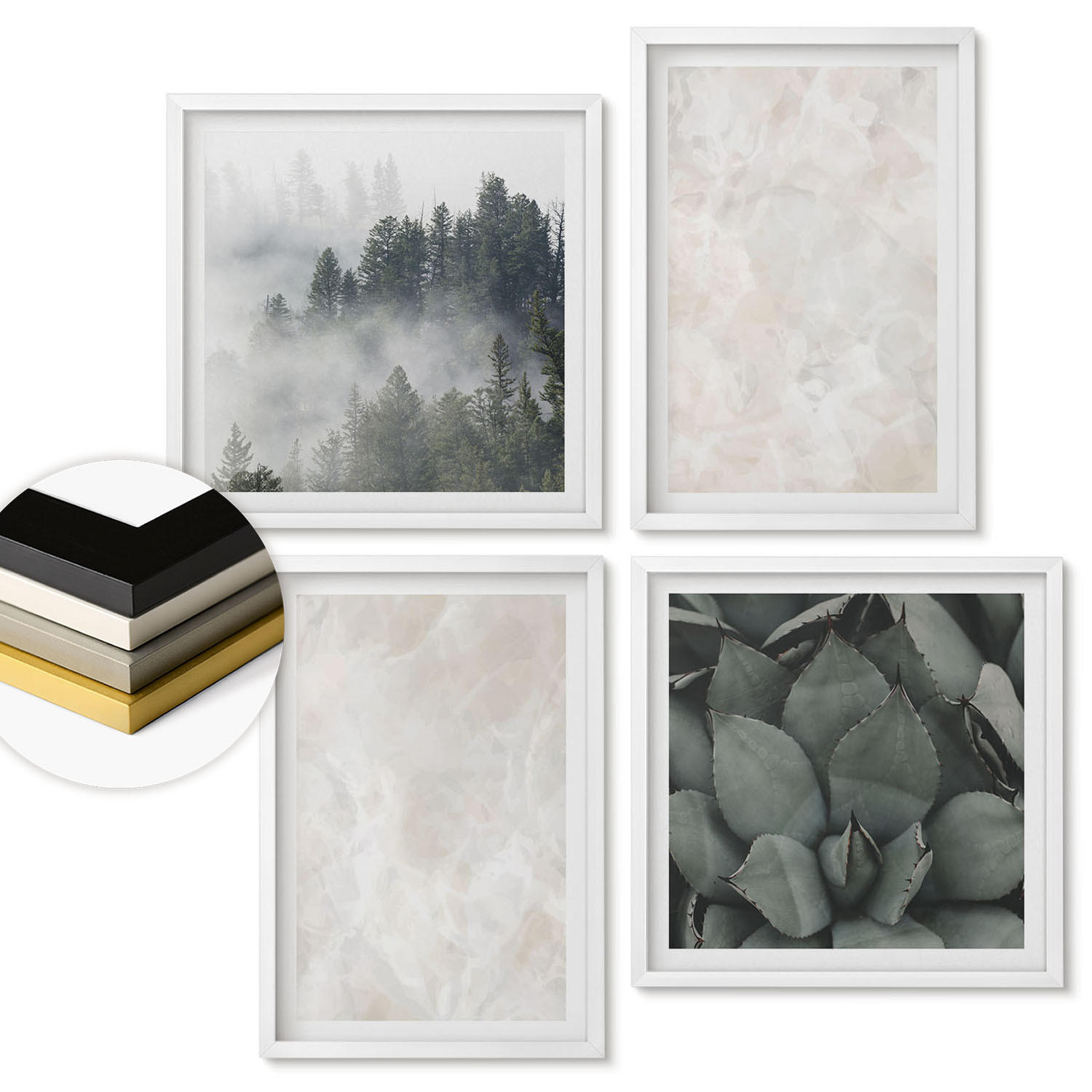 WANDBILDER 4er-Set - 50x50 cm & 40x60 cm Weißer Rahmen - Steinpastellmarmor - Weiß, Kunststoff (50/50cm) - ArtPrintCave