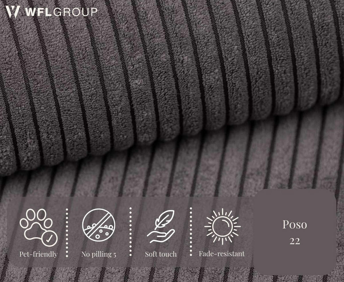 ECKSOFA Hana Loft 3-Sitzer Ecke Rechts, Cordstoff Chenille, Grau 241/80/168 cm - Schwarz/Grau, Textil/Metall (168/241cm) - WFL GROUP