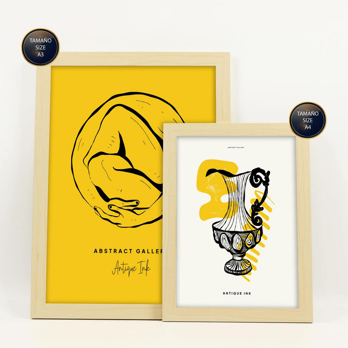 POSTER Set Mit 6 Schwarze Tintenumarmung Größe A3 & A4 Rahmen aus hellem Holz - Beige, Papier (29.7/1cm) - Nacnic