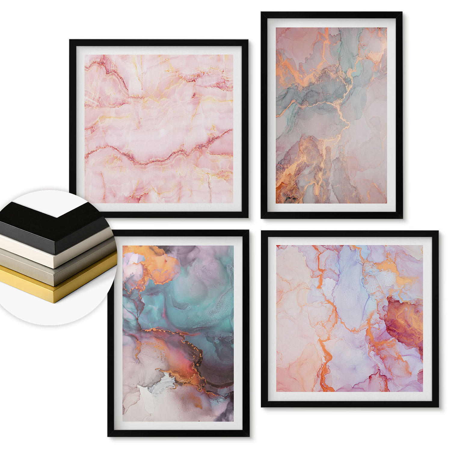 WANDBILDER 4er-Set - 50x50 cm & 40x60 cm Schwarzer Rahmen - Abstrakte Pastellmuster - Schwarz, Kunststoff (50/50cm) - ArtPrintCave